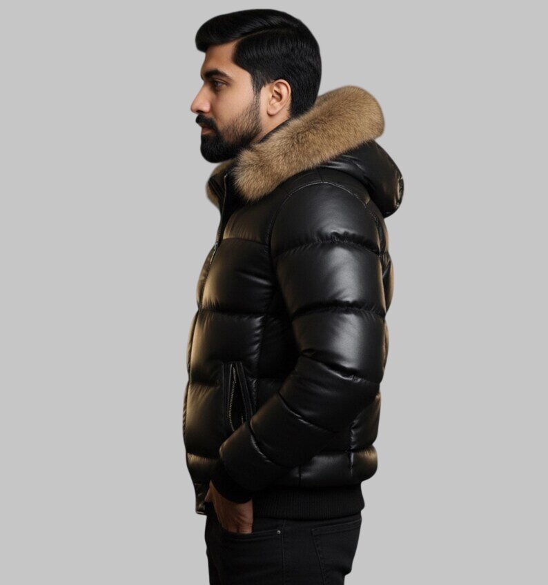 Men Black Leather Puffer Jacket Fur Hood
