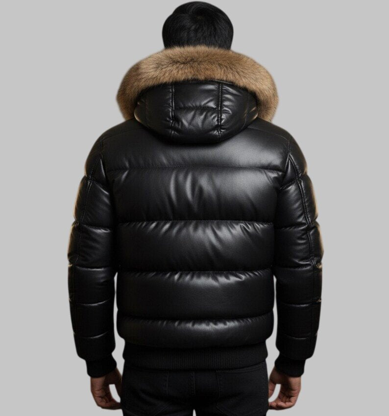Men Black Leather Puffer Jacket Fur Hood