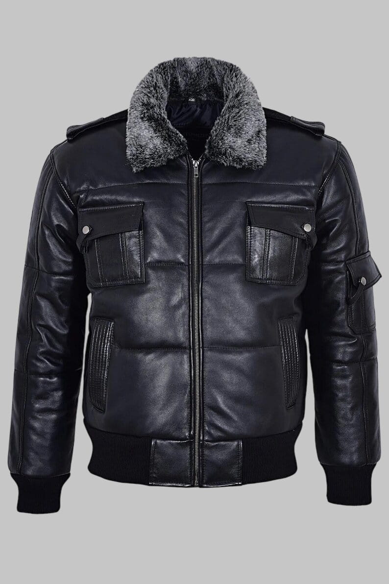 Men Black Leather Shearling Collar Puffer Jacket