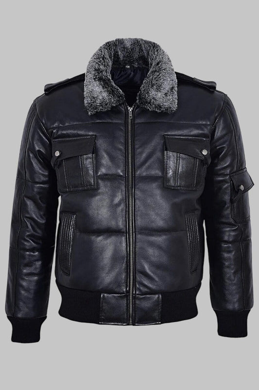 Men Black Leather Shearling Collar Puffer Jacket
