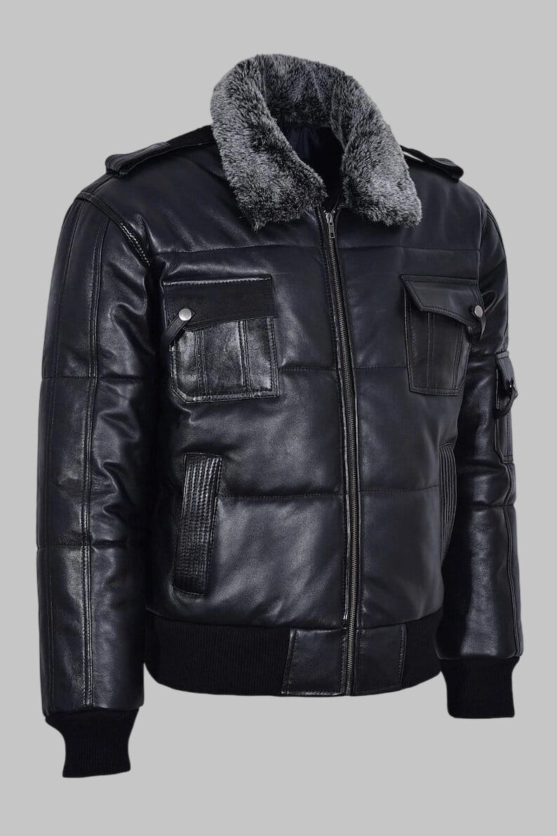 Men Black Leather Shearling Collar Puffer Jacket