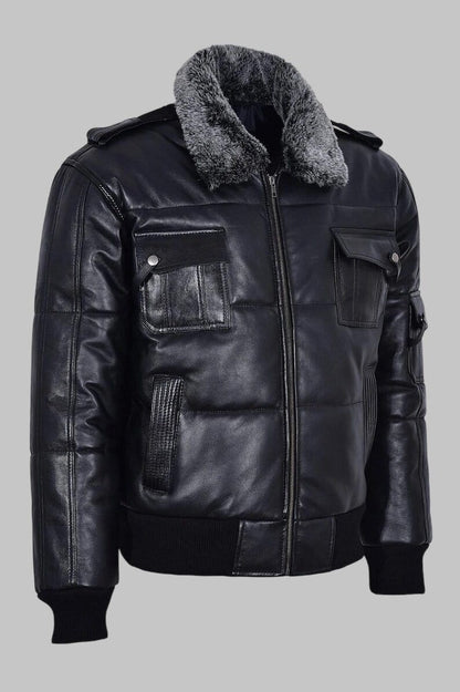 Men Black Leather Shearling Collar Puffer Jacket