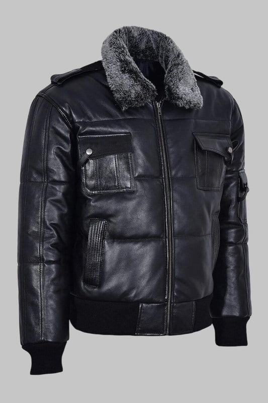 Men Black Leather Shearling Collar Puffer Jacket