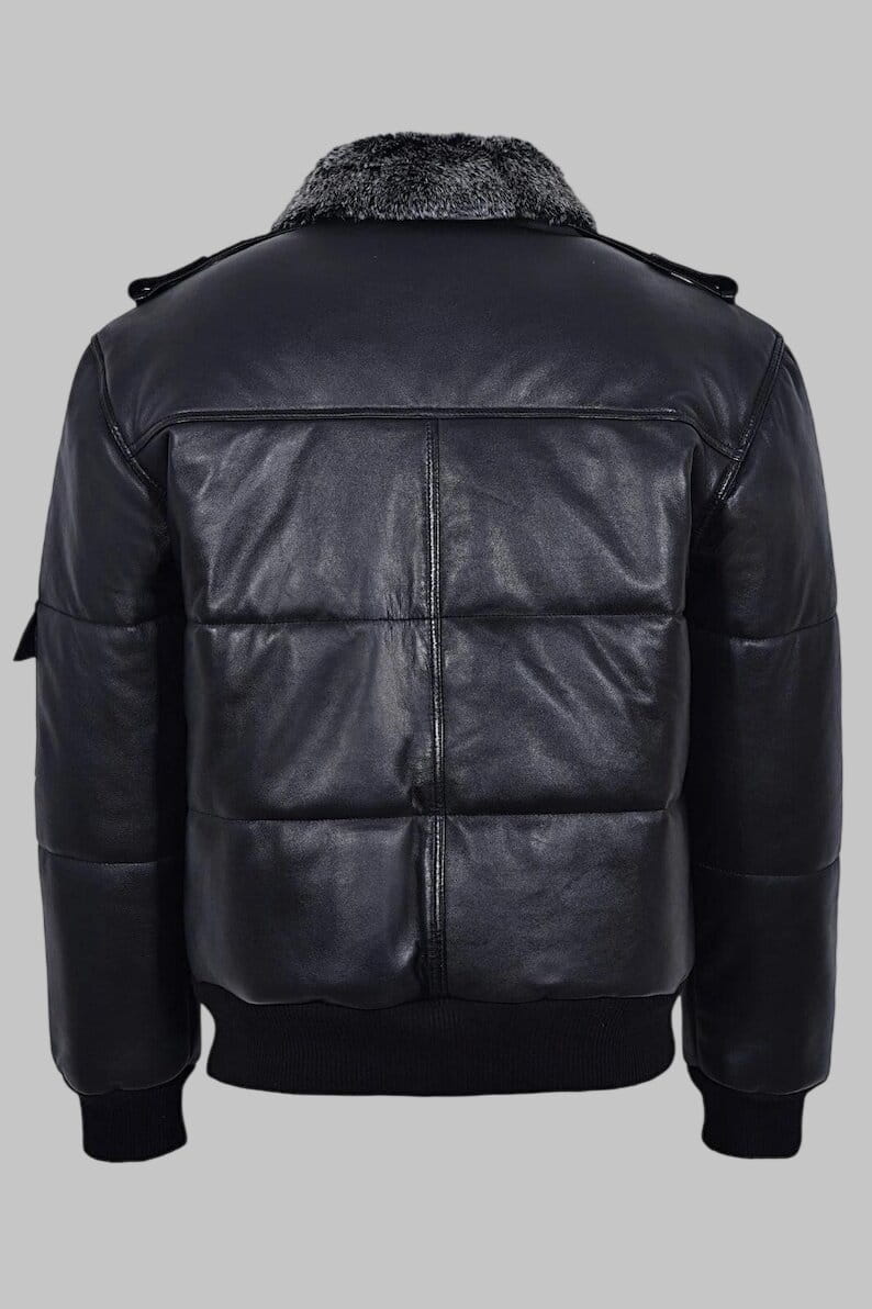 Men Black Leather Shearling Collar Puffer Jacket