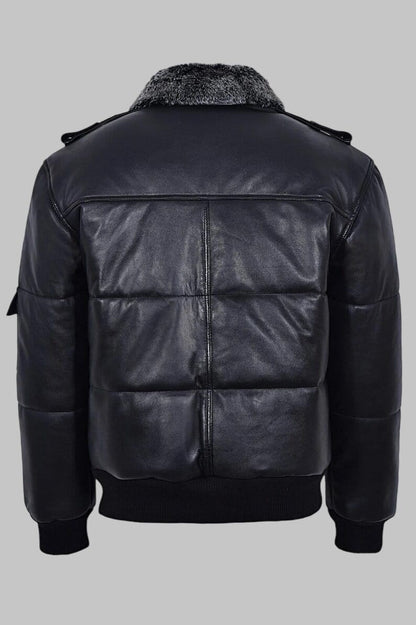 Men Black Leather Shearling Collar Puffer Jacket