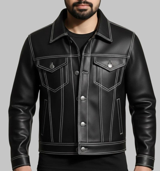 Men Black Leather Trucker Jacket White Stitch