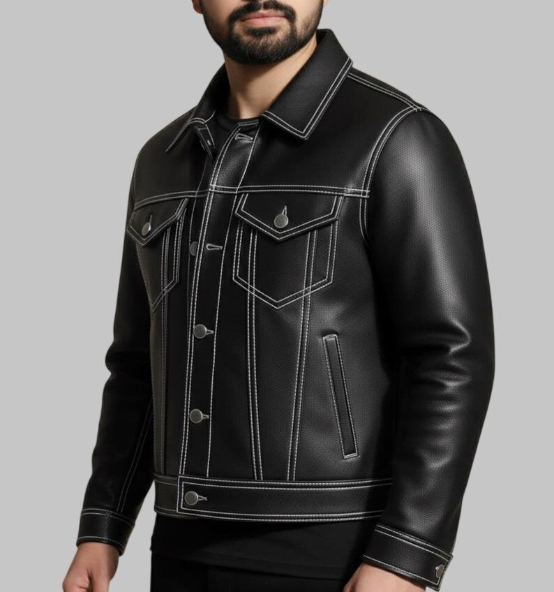 Men Black Leather Trucker Jacket White Stitch