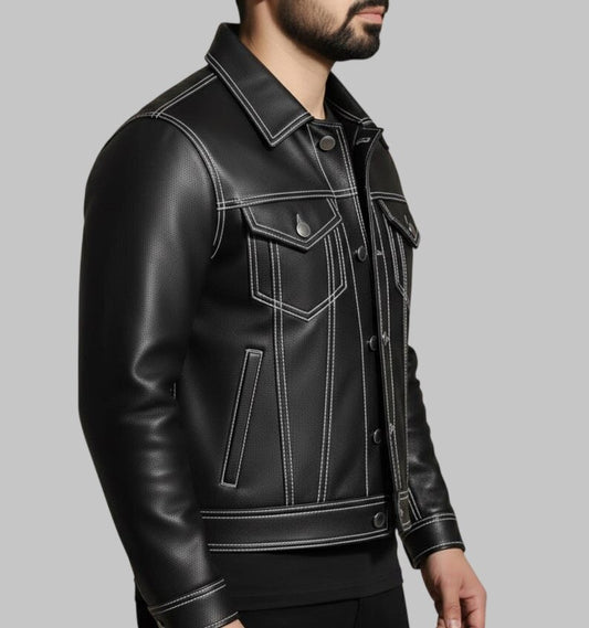 Men Black Leather Trucker Jacket White Stitch