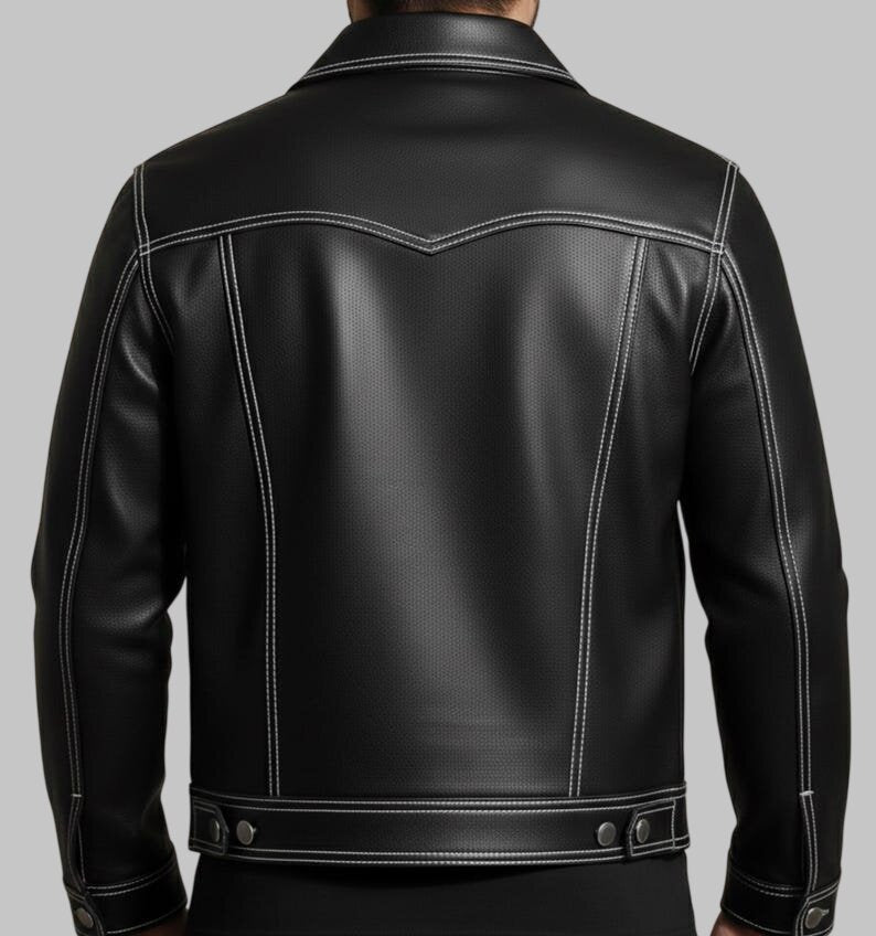 Men Black Leather Trucker Jacket White Stitch