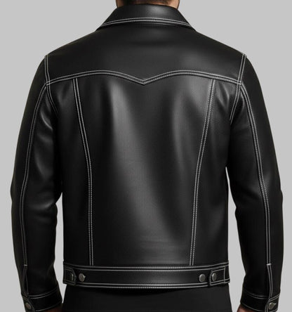 Men Black Leather Trucker Jacket White Stitch