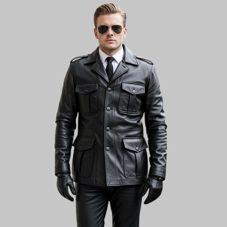 Men Black Military Leather Jacket Pants Set Biker Uniform Leather Suit