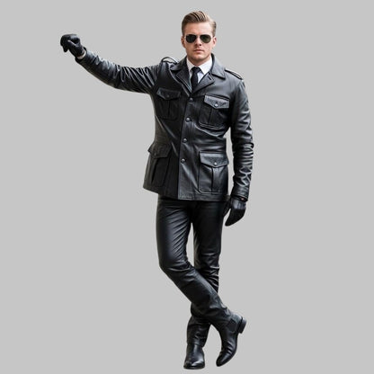 Men Black Military Leather Jacket Pants Set Biker Uniform Leather Suit
