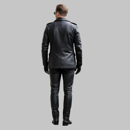 Men Black Military Leather Jacket Pants Set Biker Uniform Leather Suit