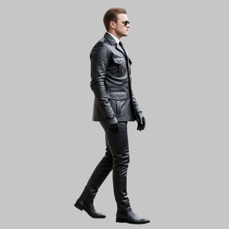 Men Black Military Leather Jacket Pants Set Biker Uniform Leather Suit