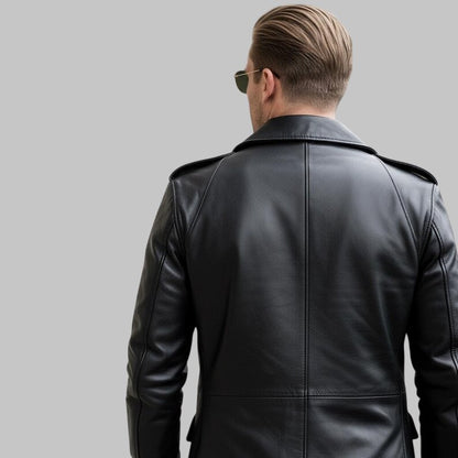 Men Black Military Leather Jacket Pants Set Biker Uniform Leather Suit