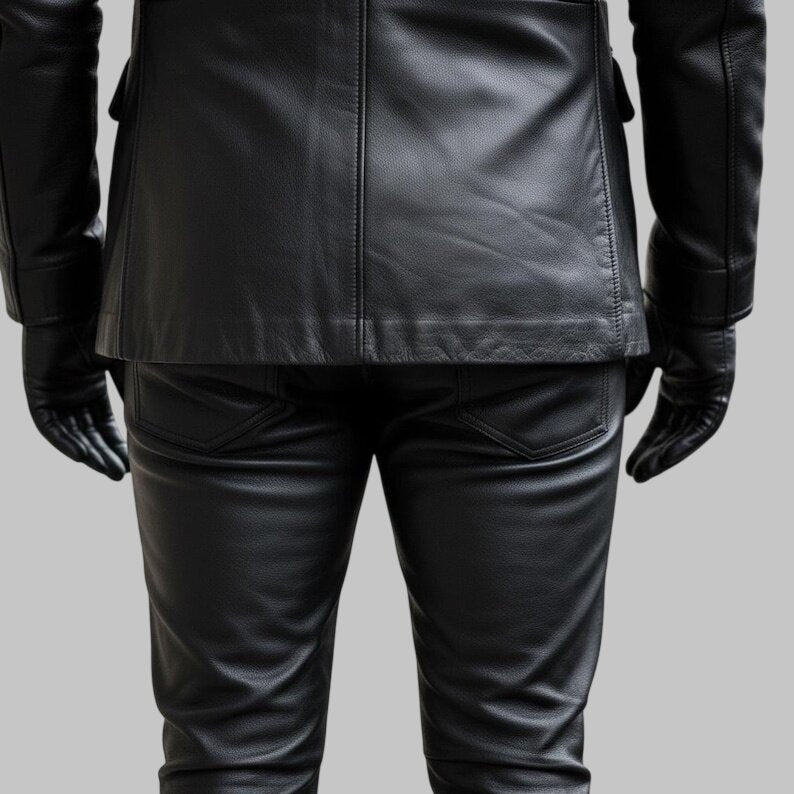 Men Black Military Leather Jacket Pants Set Biker Uniform Leather Suit