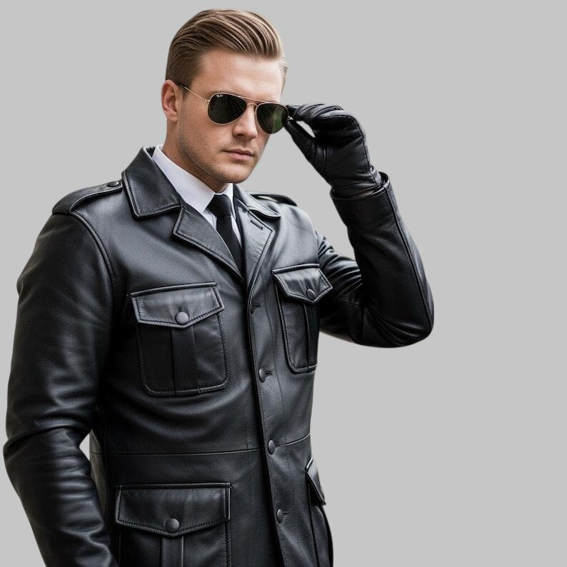 Men Black Military Leather Jacket Pants Set Biker Uniform Leather Suit