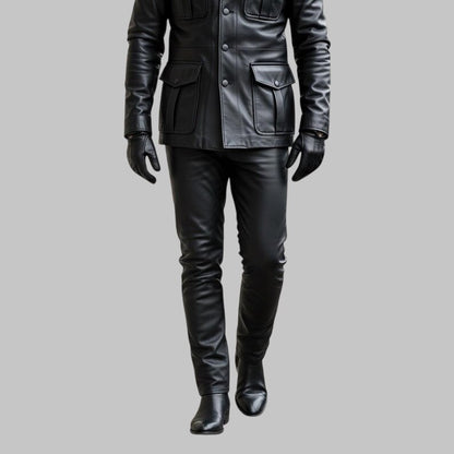 Men Black Military Leather Jacket Pants Set Biker Uniform Leather Suit