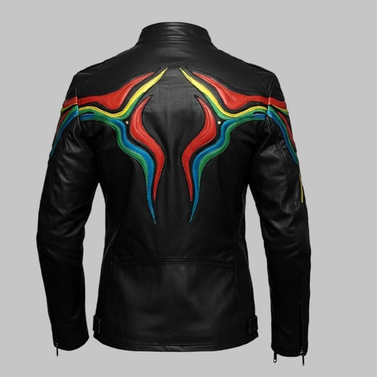 Men Black Rainbow Stripe Leather Jacket