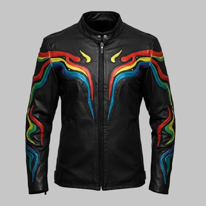 Men Black Rainbow Stripe Leather Jacket