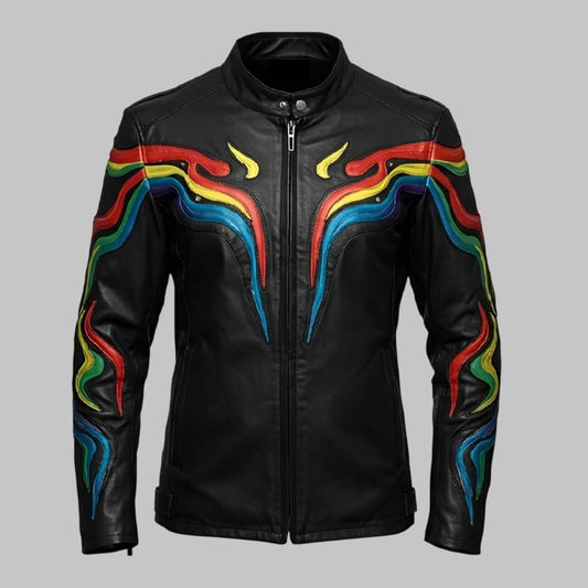 Men Black Rainbow Stripe Leather Jacket