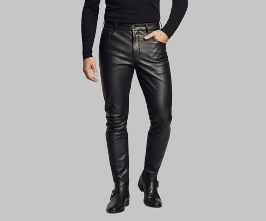 Men Black Slim Fit Leather Trousers