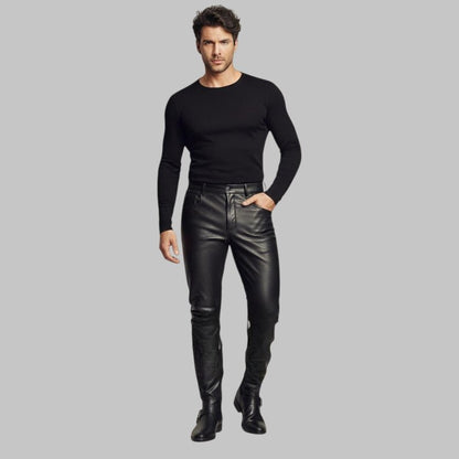 Men Black Slim Fit Leather Trousers