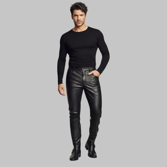 Men Black Slim Fit Leather Trousers