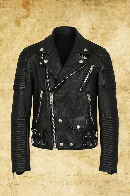 Men Black Slim Fit Studded Leather Biker Jacket