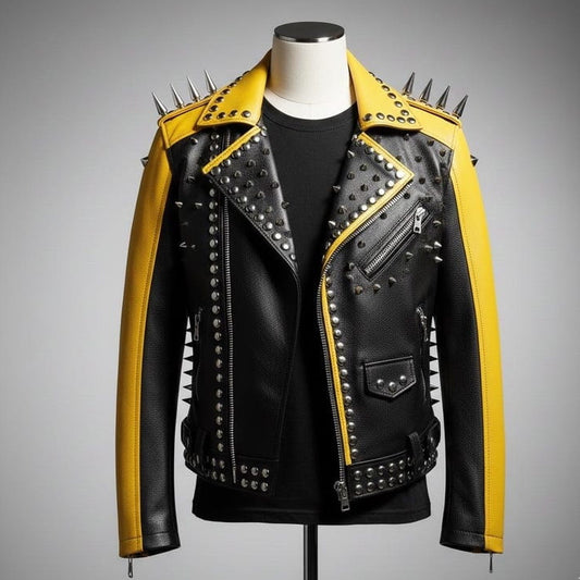 Men Black Yellow Spiked Studded Leather Biker Jacket