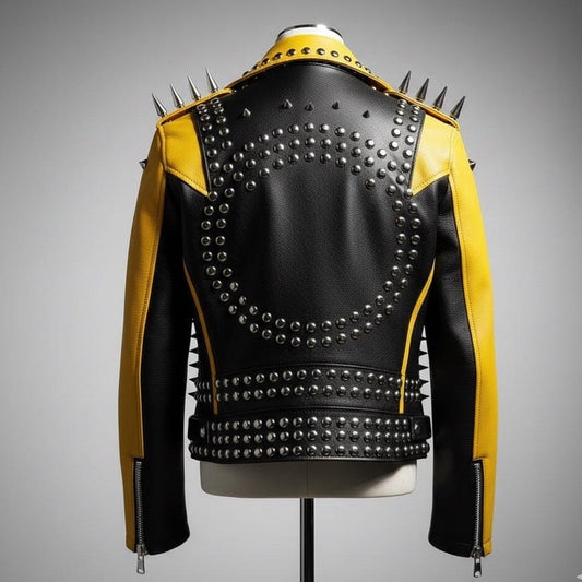Men Black Yellow Spiked Studded Leather Biker Jacket