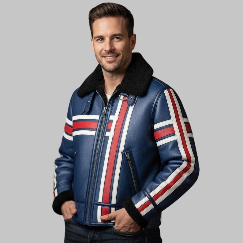 Men Blue Shearling Leather Jacket Warm Winter