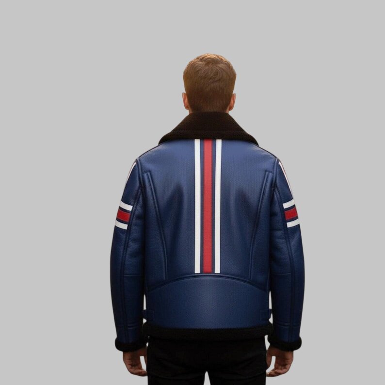 Men Blue Shearling Leather Jacket Warm Winter