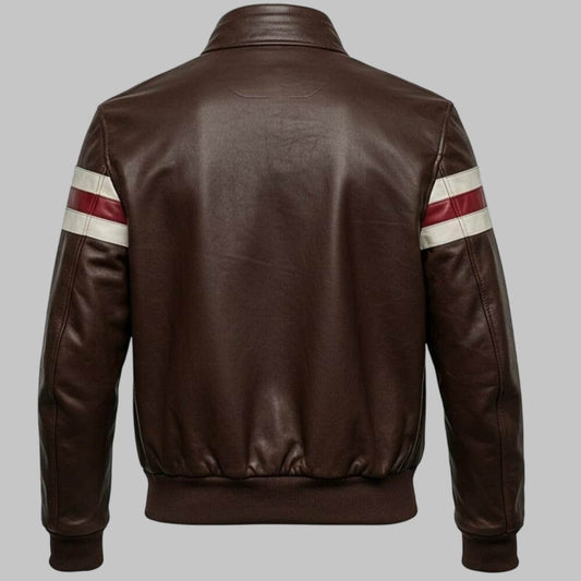 Men Brown Leather Bomber Moto Jacket with Stripes