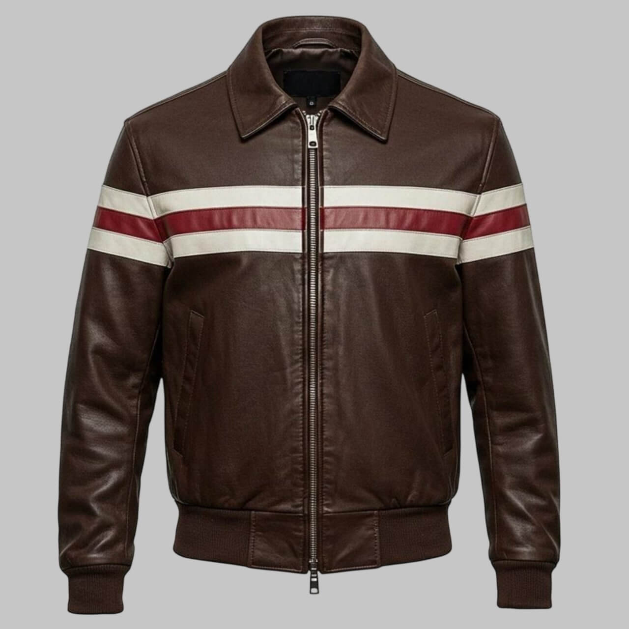 Men Brown Leather Bomber Moto Jacket with Stripes