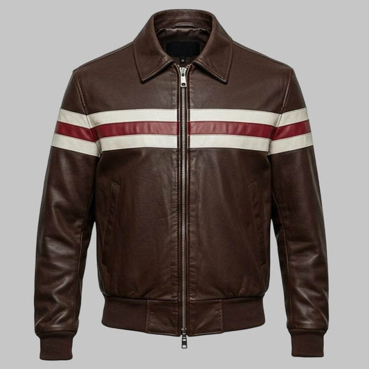 Men Brown Leather Bomber Moto Jacket with Stripes