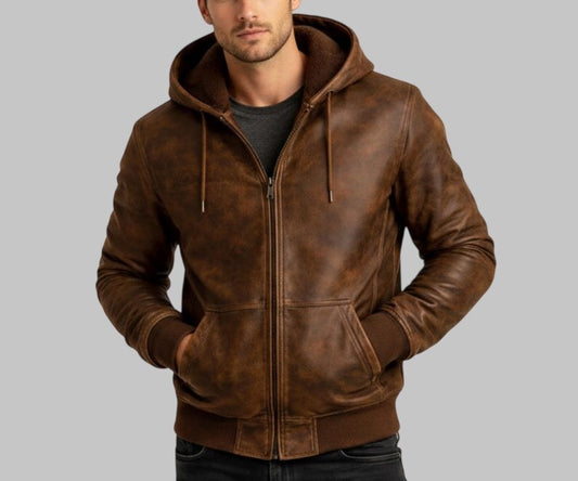 Men Brown Leather Hoodie Jacket Vintage Biker
