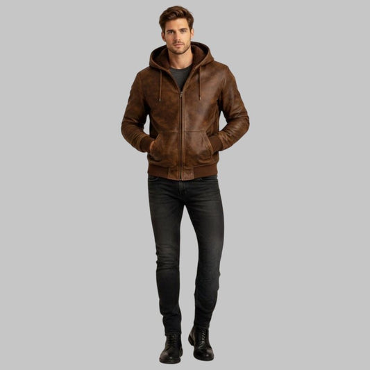 Men Brown Leather Hoodie Jacket Vintage Biker