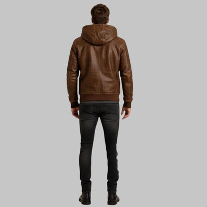 Men Brown Leather Hoodie Jacket Vintage Biker