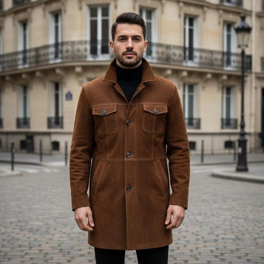 Men Brown Suede Leather Trench Coat