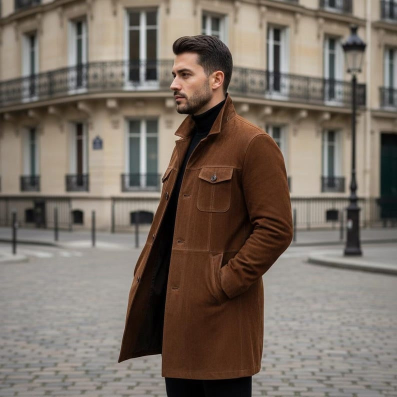 Men Brown Suede Leather Trench Coat