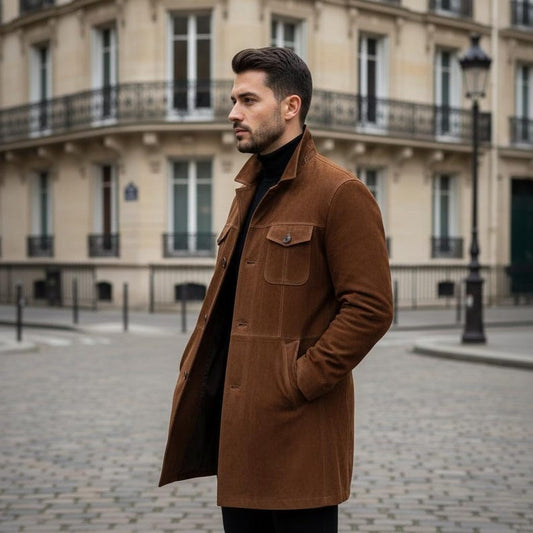 Men Brown Suede Leather Trench Coat