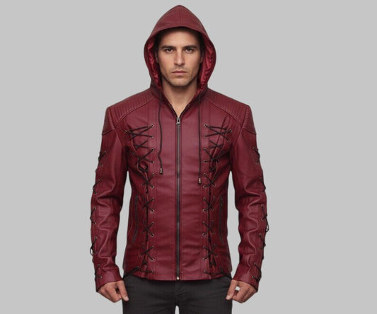 Men Burgundy Lace Up Leather Jacket Hooded