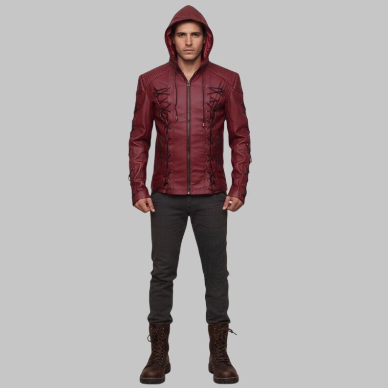 Men Burgundy Lace Up Leather Jacket Hooded