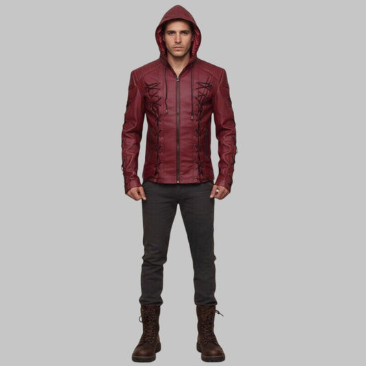 Men Burgundy Lace Up Leather Jacket Hooded