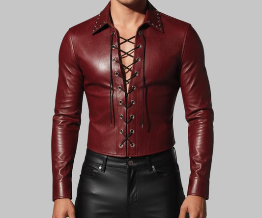 Men Burgundy Lace Up Leather Shirt Slim Fit
