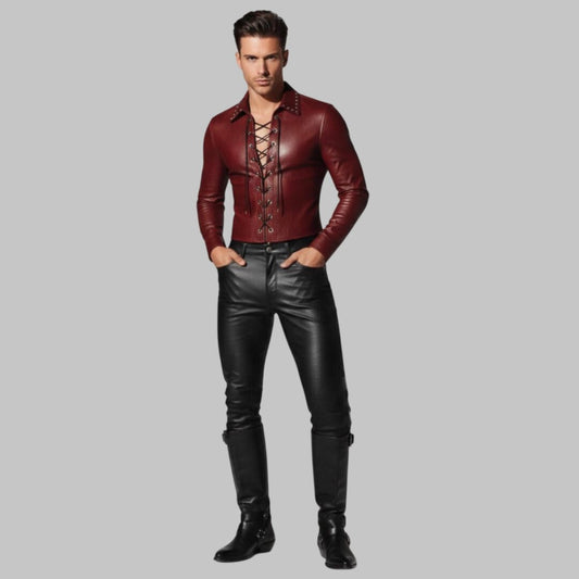 Men Burgundy Lace Up Leather Shirt Slim Fit