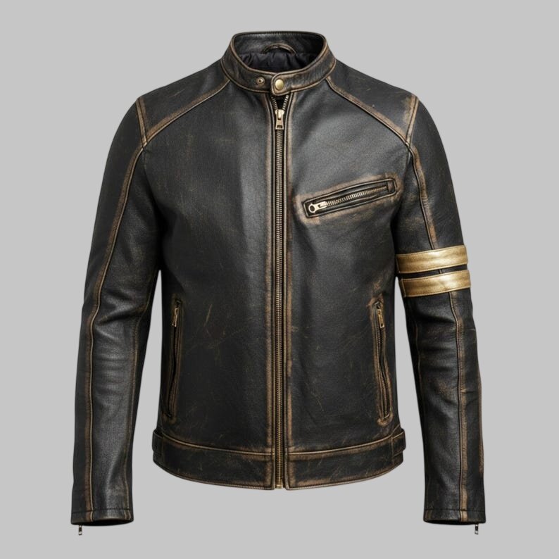 Men Distressed Brown Cafe Racer Leather Biker Jacket