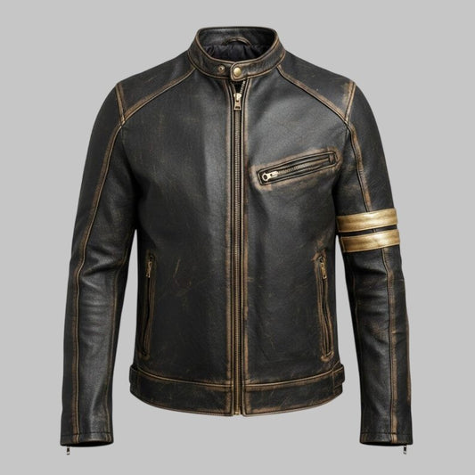 Men Distressed Brown Cafe Racer Leather Biker Jacket