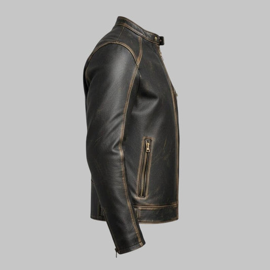 Men Distressed Brown Cafe Racer Leather Biker Jacket
